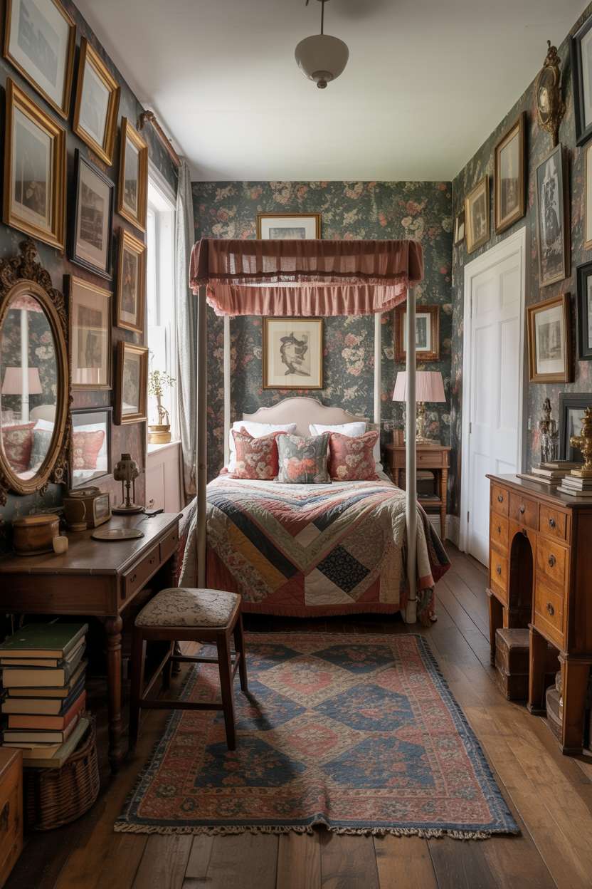 A maximalist bedroom featuring a vintage four-poster bed with vanity table and ornate mirror