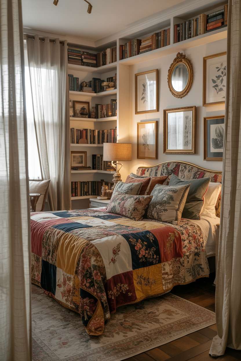 A richly layered maximalist bedroom viewed from a distant corner with overflowing bookshelves