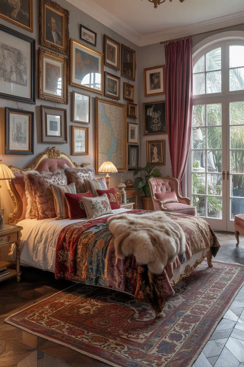 A maximalist bedroom with ornate four-poster bed and view of lush garden through arched window