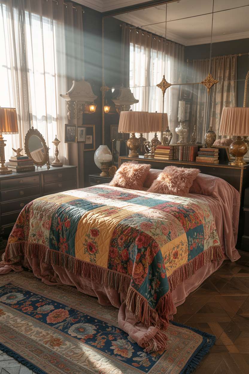 A maximalist bedroom showcasing abundant decor with vibrant floral patterns and fringed elements