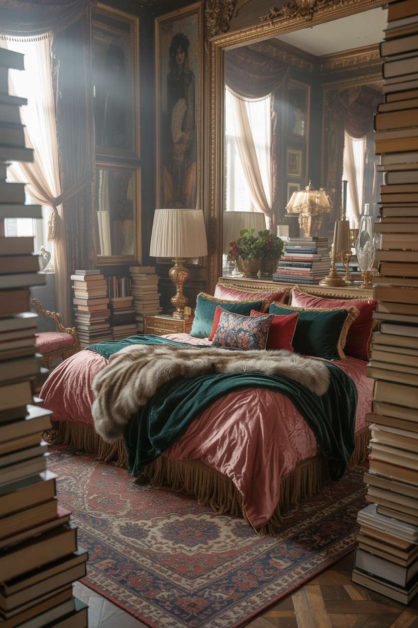 An opulent maximalist bedroom with king-sized bed in emerald, sapphire, and ruby jewel tones
