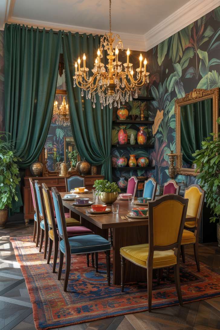 11 Vibrant Maximalist Dining Room Decor Ideas That Inspire 1 Luxurious maximalist dining room with emerald velvet drapes, botanical wallpaper, and brass chandelier