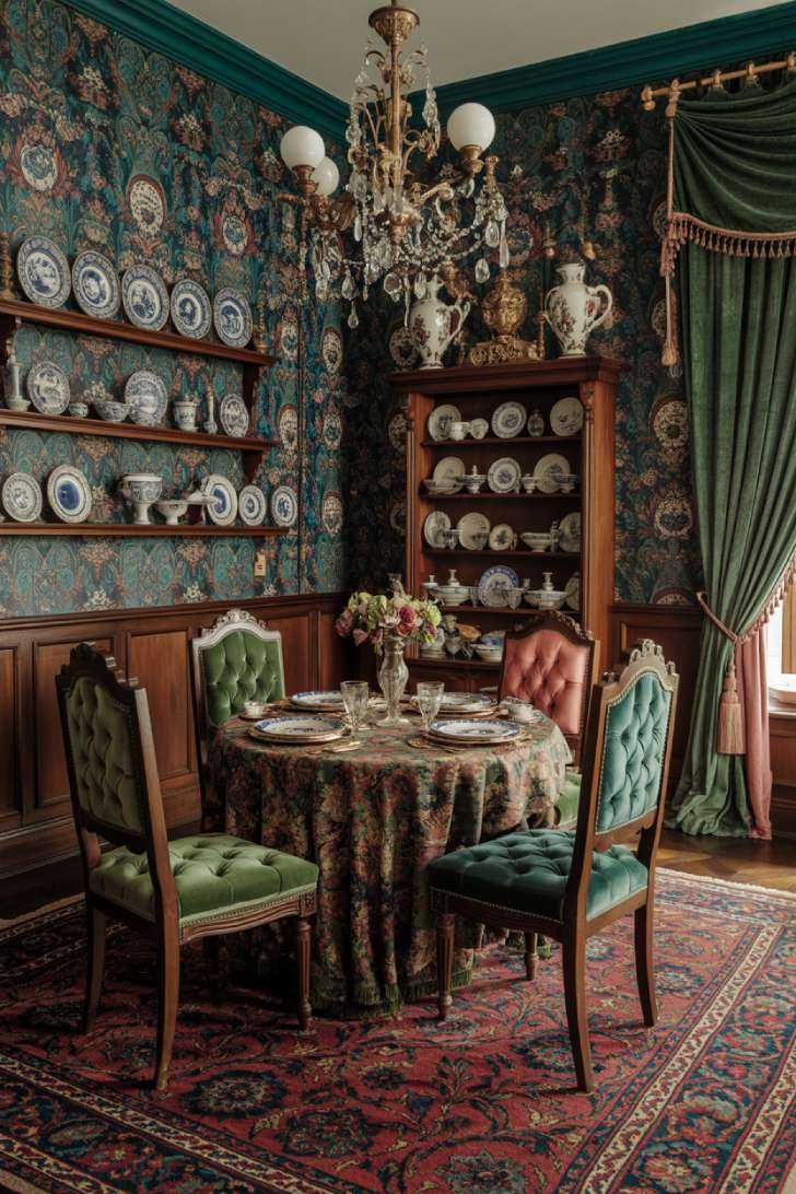 11 Vibrant Maximalist Dining Room Decor Ideas That Inspire 10 Victorian maximalist dining room with William Morris wallpaper, tufted velvet chairs, and mahogany china cabinet