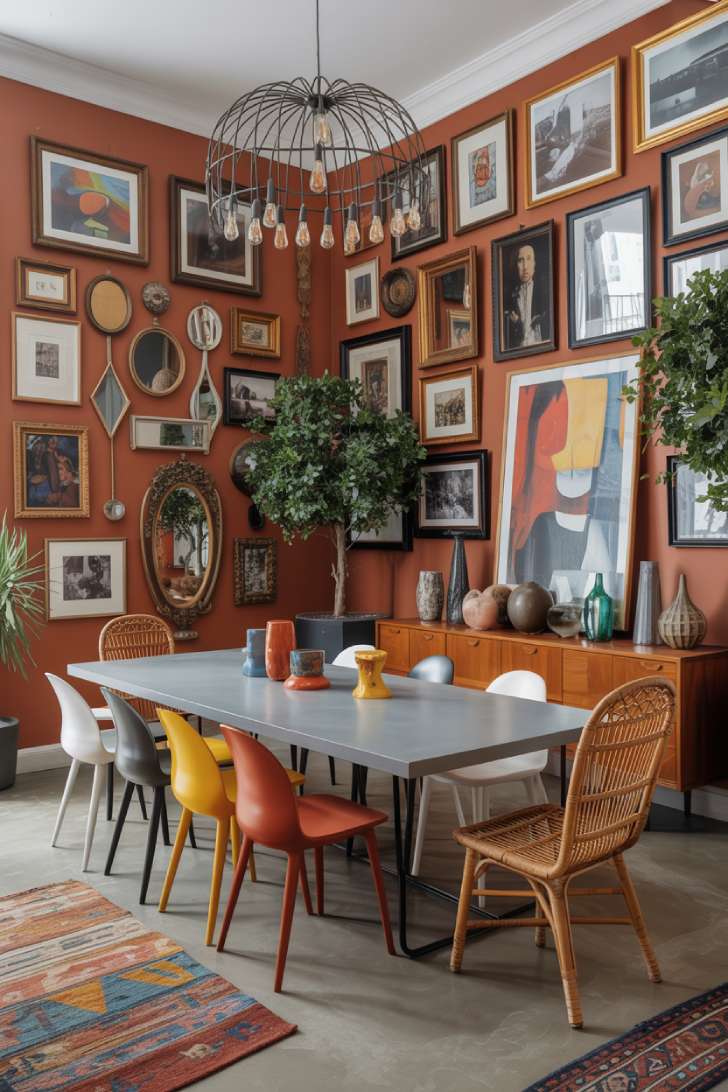 11 Vibrant Maximalist Dining Room Decor Ideas That Inspire 11 Contemporary maximalist dining room with terracotta gallery wall, mixed modern and rattan chairs, and industrial chandelier