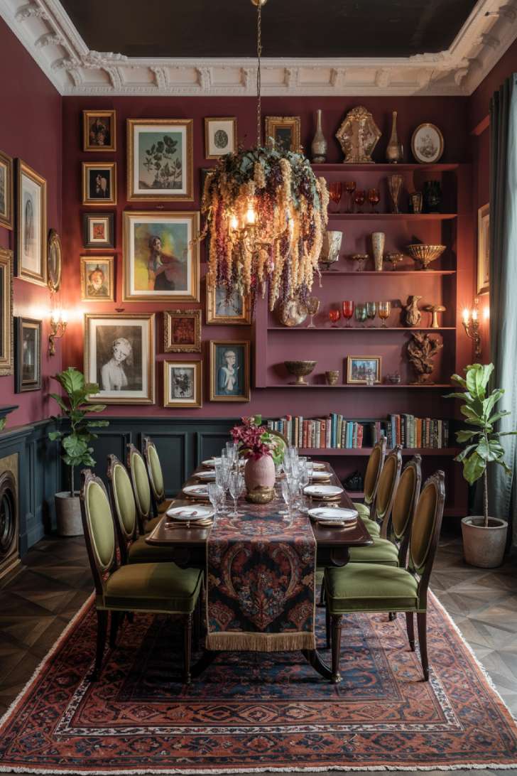 11 Vibrant Maximalist Dining Room Decor Ideas That Inspire 2 Dark burgundy maximalist dining room with floor-to-ceiling gallery wall and green velvet chairs