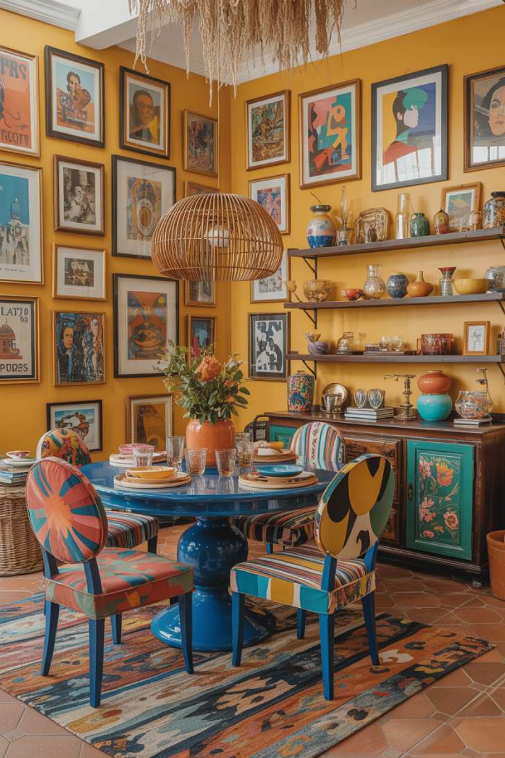 11 Vibrant Maximalist Dining Room Decor Ideas That Inspire 3 Bright eclectic maximalist dining room with cobalt blue table and mixed-pattern chairs