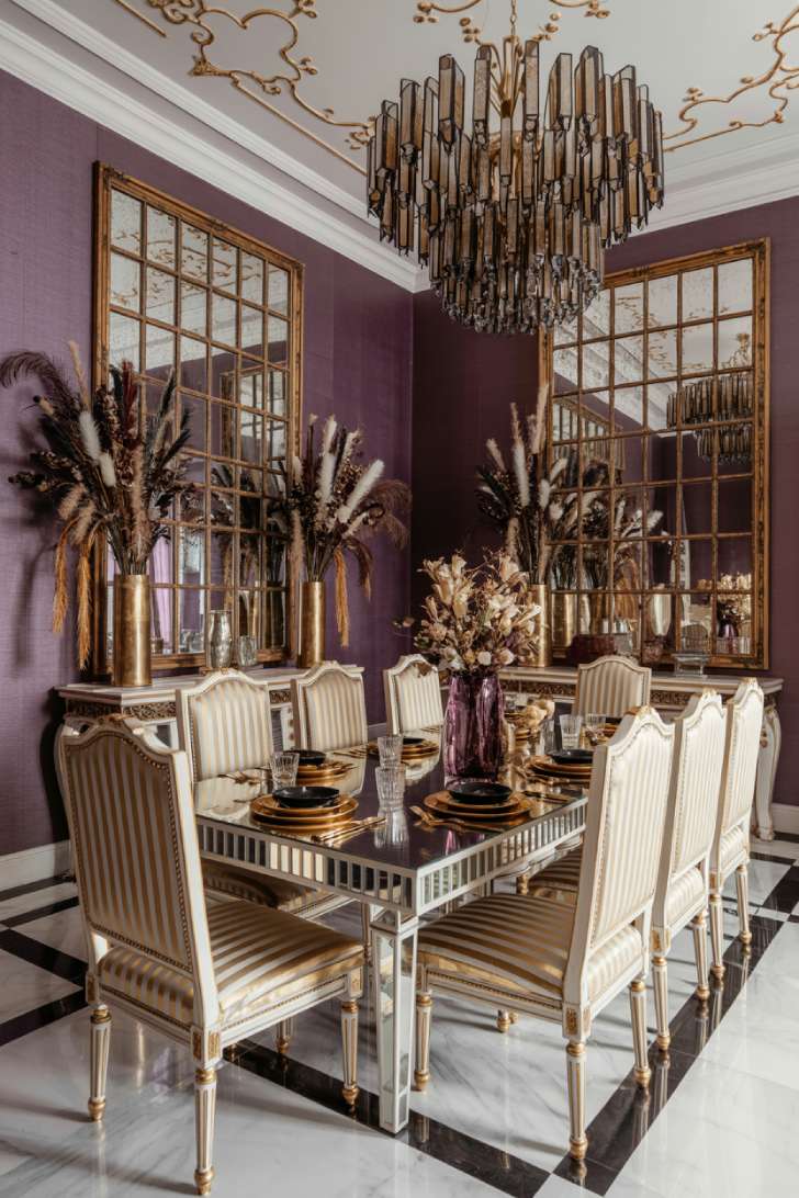 11 Vibrant Maximalist Dining Room Decor Ideas That Inspire 4 Glamorous Hollywood Regency dining room with mirrored table, silk chairs, and gold chandelier