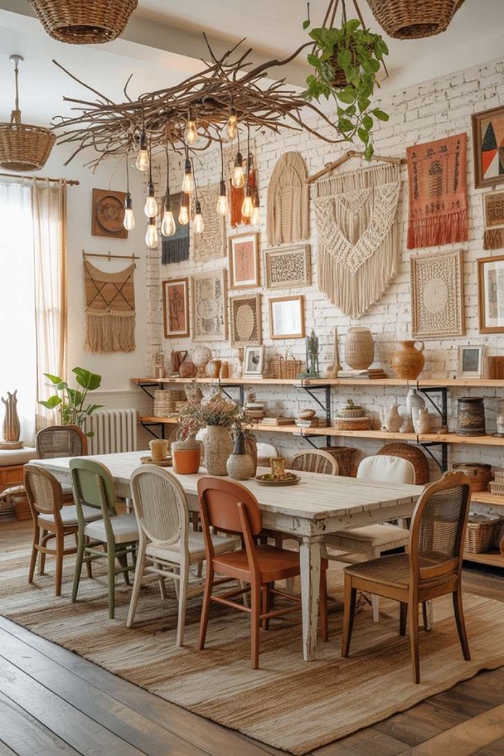 11 Vibrant Maximalist Dining Room Decor Ideas That Inspire 5 Bohemian maximalist dining room with macrame wall art, reclaimed wood table, and mixed chairs
