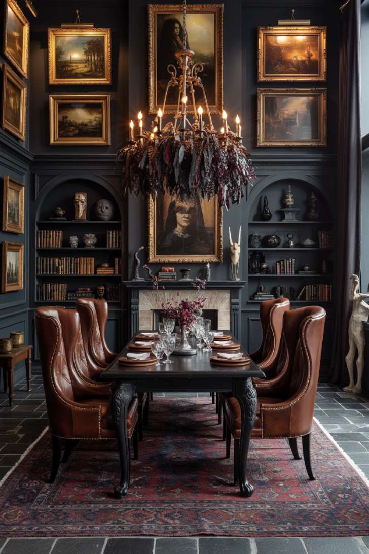 11 Vibrant Maximalist Dining Room Decor Ideas That Inspire 6 Gothic maximalist dining room with black walls, oil paintings, oxblood leather chairs, and wrought iron chandelier