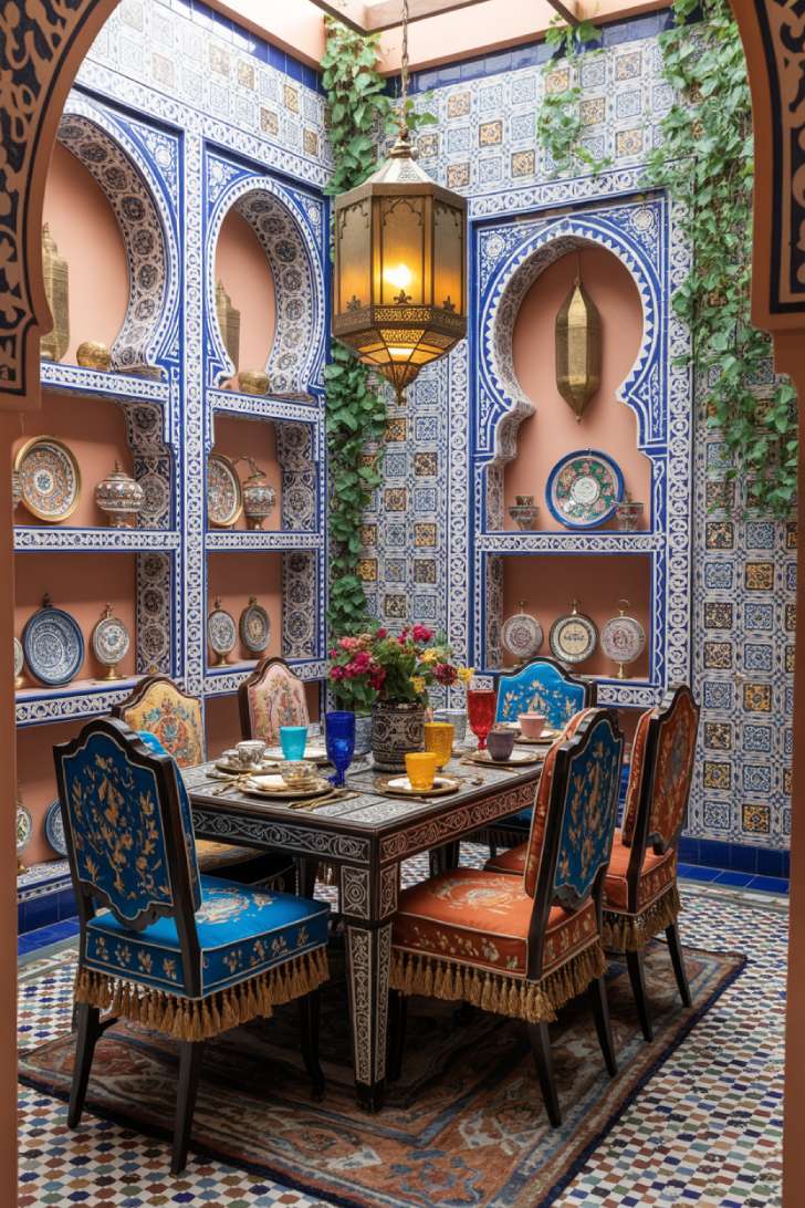 11 Vibrant Maximalist Dining Room Decor Ideas That Inspire 7 Moroccan maximalist dining room with hand-painted tile walls, carved wood table, and brass lantern chandelier