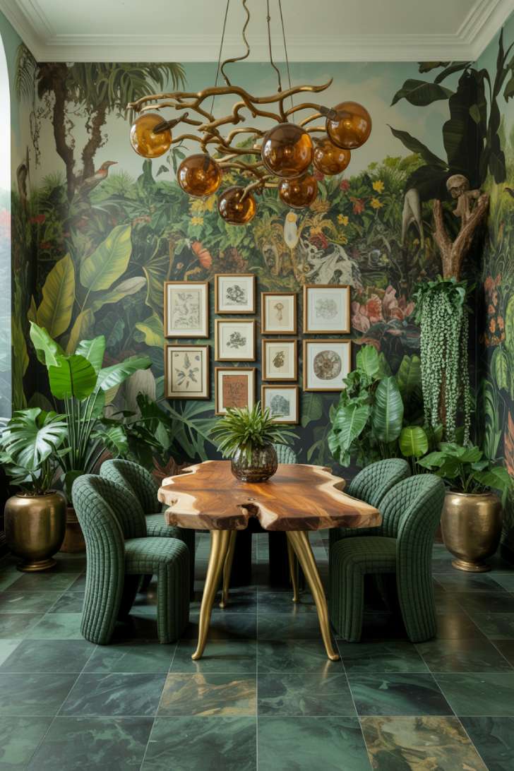 11 Vibrant Maximalist Dining Room Decor Ideas That Inspire 8 Maximalist dining room with tropical jungle mural, live edge wood table, green boucle chairs, and brass branch chandelier