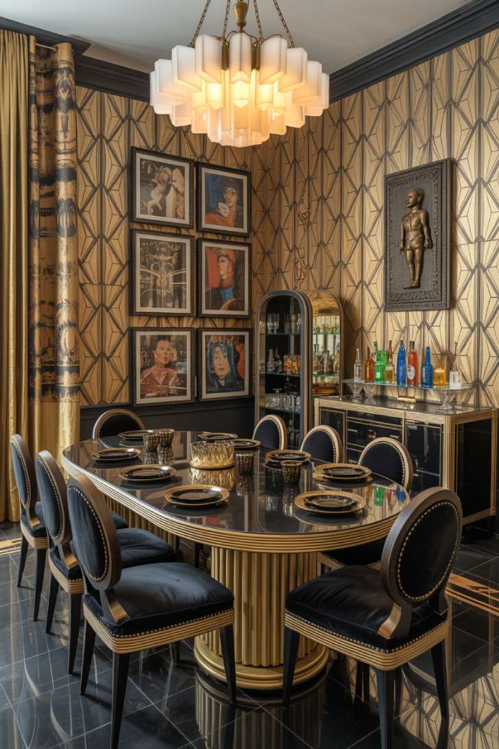 11 Vibrant Maximalist Dining Room Decor Ideas That Inspire 9 Art Deco maximalist dining room with geometric wallpaper, black lacquer table, gold chandelier, and marble floors
