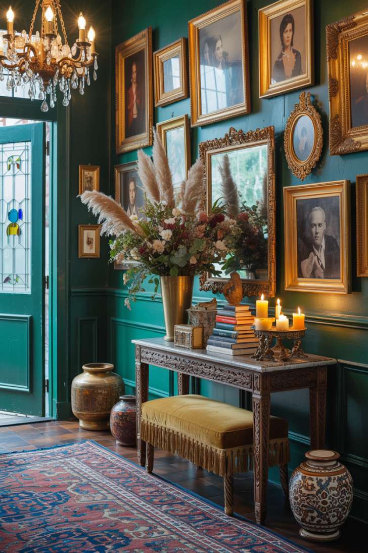 Maximalist entryway with emerald green walls, gallery wall of gilded mirrors and paintings, crystal chandelier, and Persian rug