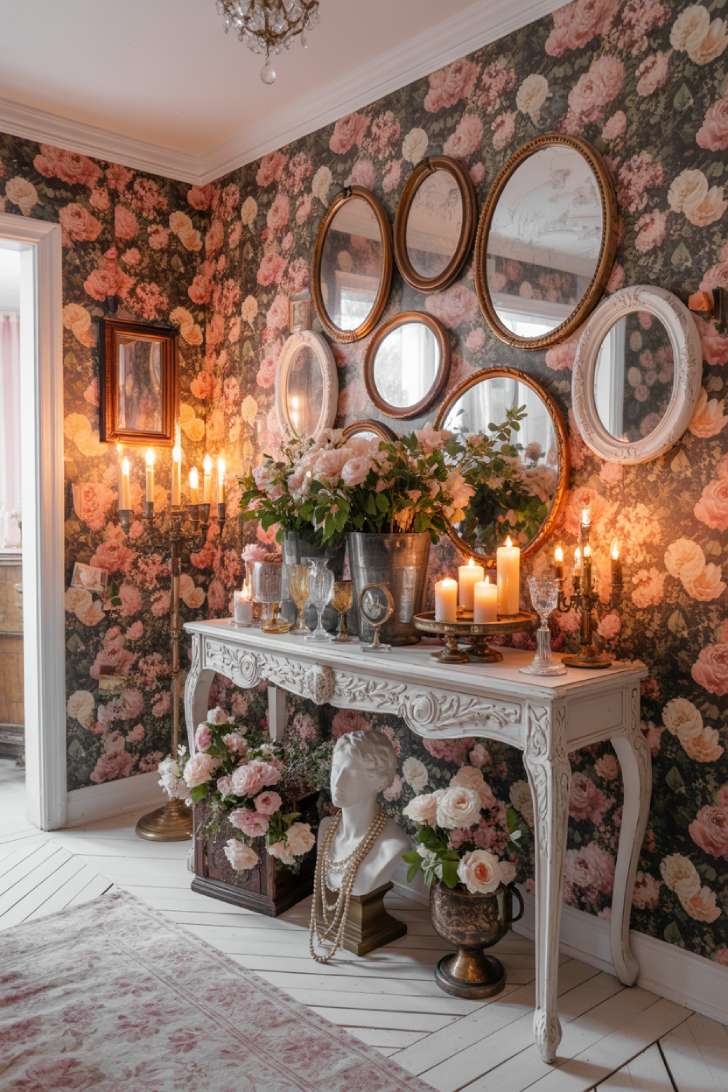 Romantic maximalist entryway with climbing rose wallpaper, white ornate console table, fresh garden florals, blush runner rug, and crystal chandelier