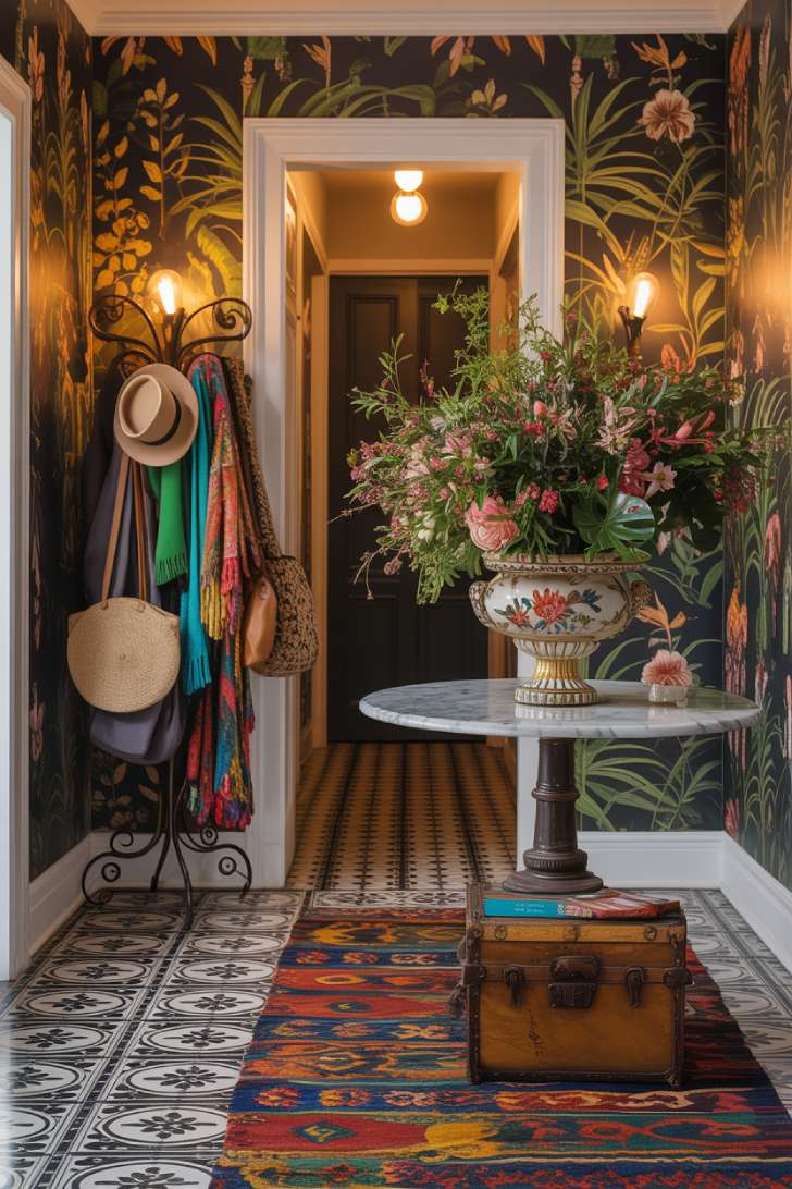 Maximalist foyer with tropical botanical wallpaper, marble pedestal table, kilim runner rug, and oversized floral arrangement