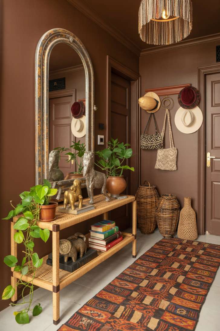 Maximalist entryway with chocolate brown lacquered walls, rattan console table, trailing plants, and beaded pendant light