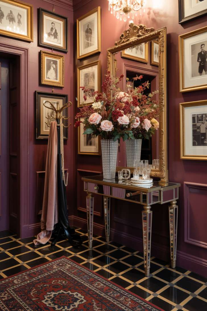 Glamorous maximalist entryway with deep burgundy velvet walls, mirrored console table, crystal chandelier, and black and gold geometric tile floor