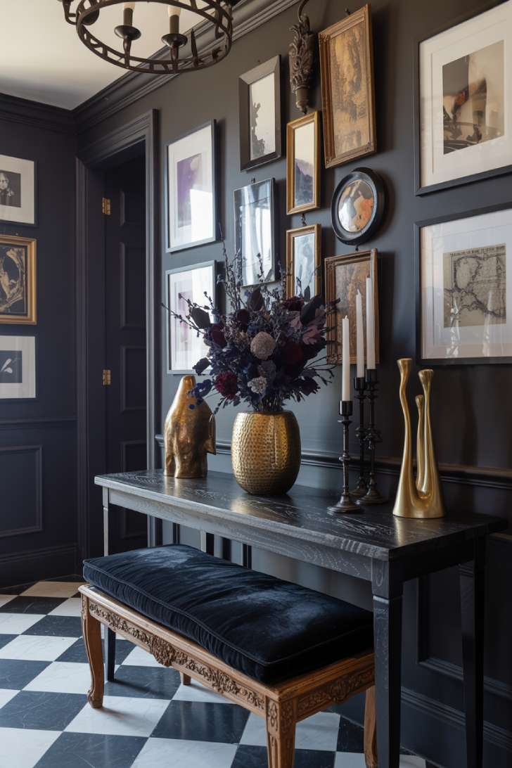 Dark maximalist entryway with matte black walls, brass sculptural accents, black iron chandelier, and checkered marble floor