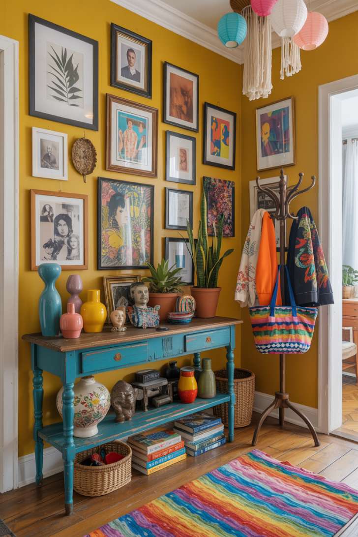 Colorful eclectic maximalist entryway with mustard yellow walls, mismatched salon gallery wall, turquoise console table, and rainbow kilim rug