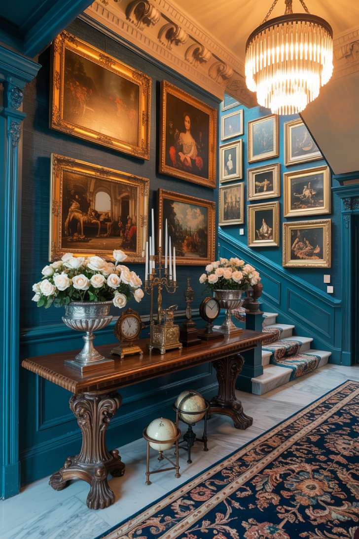 Maximalist entryway with grand staircase, deep teal upholstered walls, oversized oil paintings, tiered brass chandelier, and floral wool rug