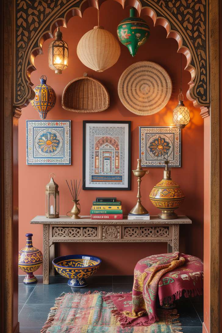 Maximalist entryway with saffron orange walls, Moroccan lanterns, carved teak console, dhurrie rug, and mixed global decor accents
