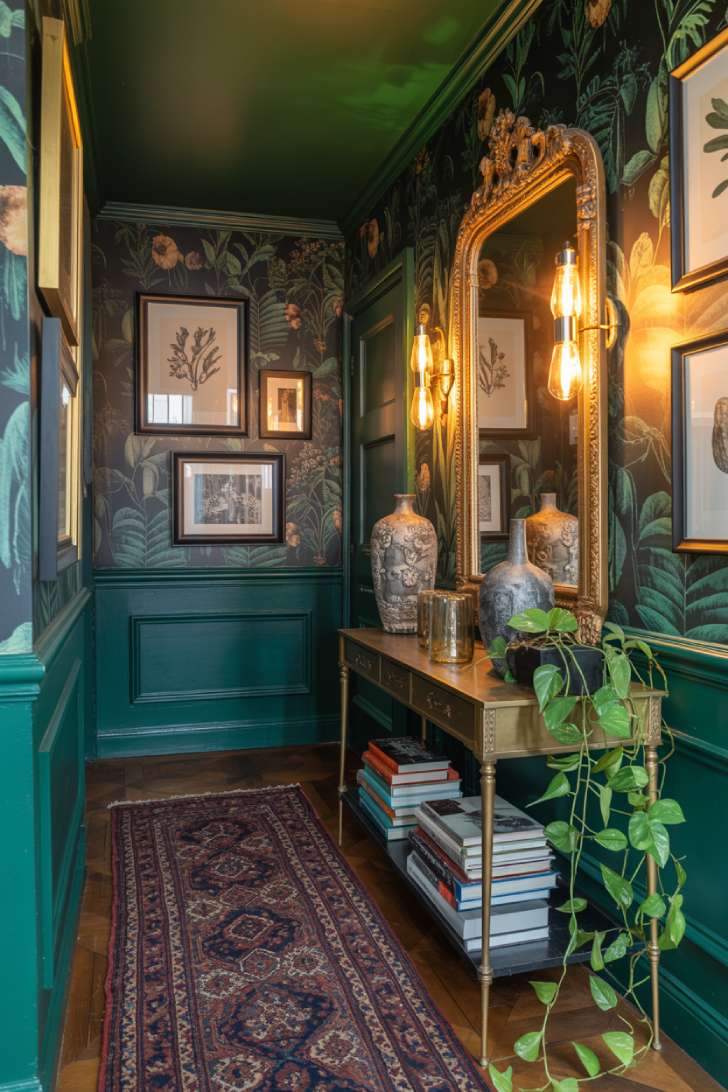 Maximalist hallway with emerald green botanical wallpaper, ornate gold mirror, and Persian runner rug