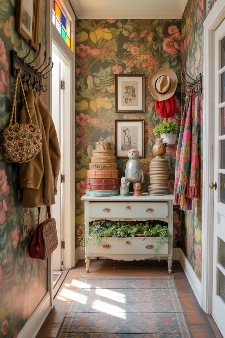 Whimsical maximalist hallway with vintage floral wallpaper, painted dresser console, and ceramic figurines