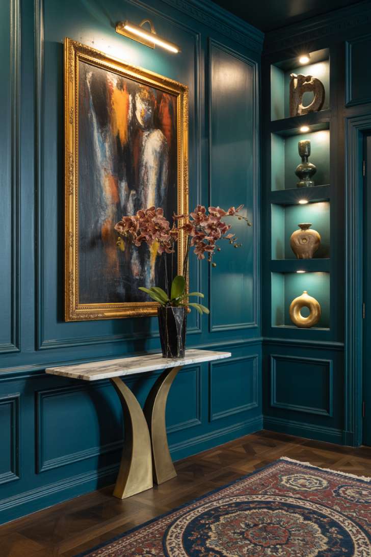 Luxurious maximalist hallway with teal lacquered panels, abstract oil painting, and medallion rug