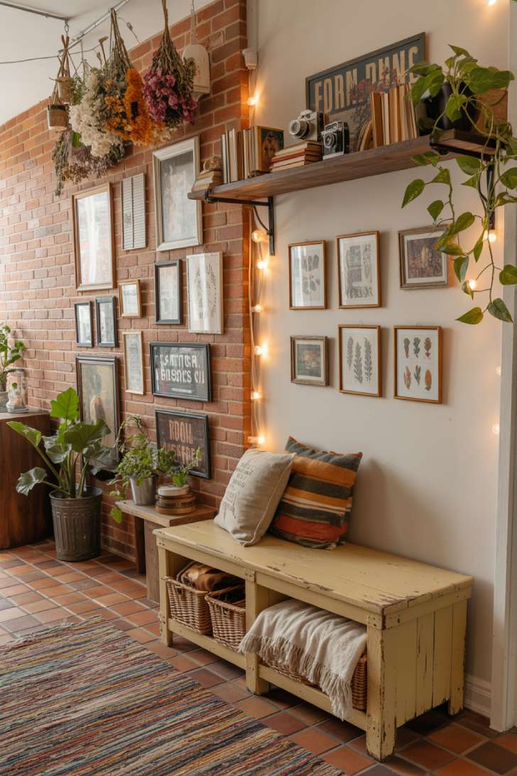 Eclectic maximalist hallway with exposed brick, dried flower bundles, vintage storage bench, and rag rug