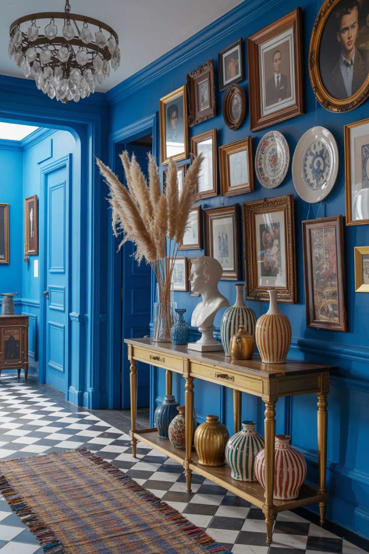 Cobalt blue maximalist hallway with eclectic gallery wall, mismatched frames, and crystal chandelier