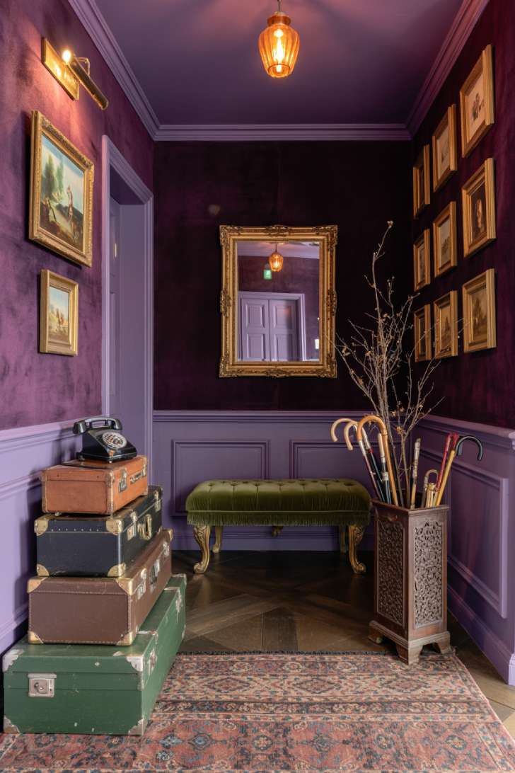 Moody maximalist hallway with plum velvet walls, vintage suitcases, and gilded oil paintings