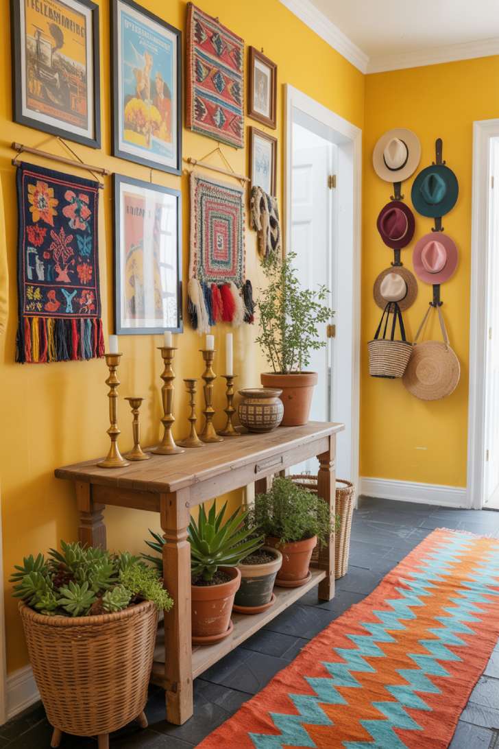 Bright yellow maximalist hallway with travel posters, textile wall hangings, and zigzag runner rug