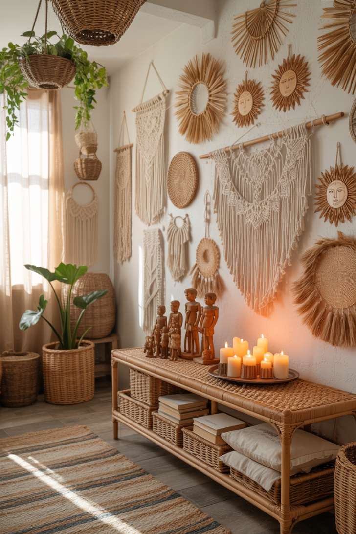 Boho maximalist hallway with macramé wall hangings, rattan console, and hanging plants