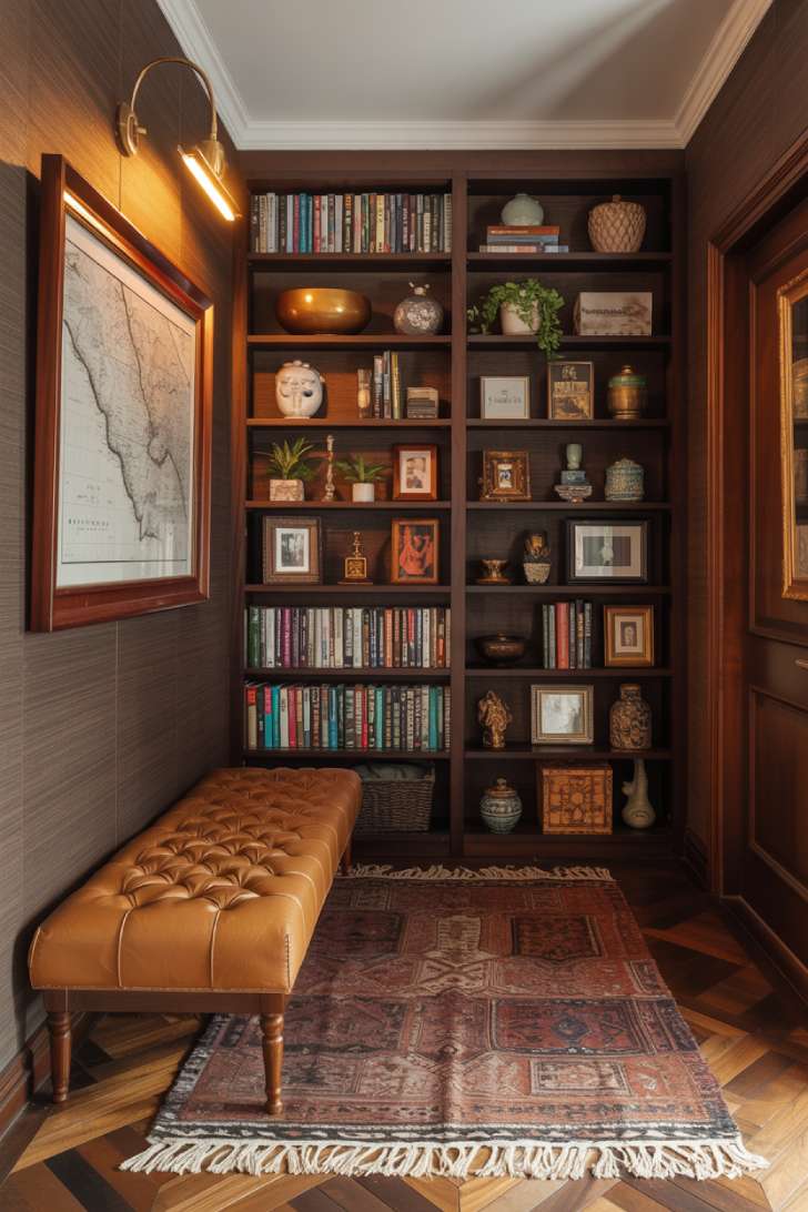 Maximalist hallway with floor-to-ceiling built-in bookshelves, color-coded books, and leather bench