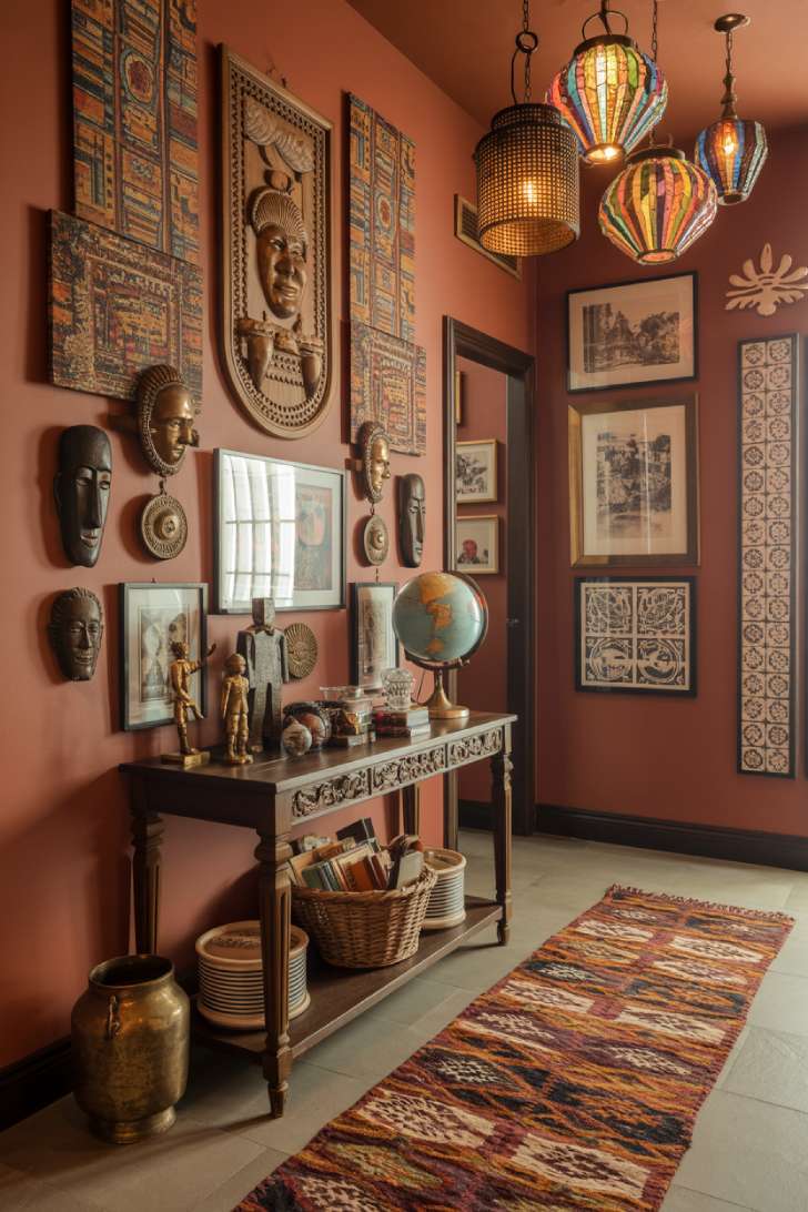 Maximalist hallway with African masks, Indian textile panels, Moroccan lanterns, and kilim runner