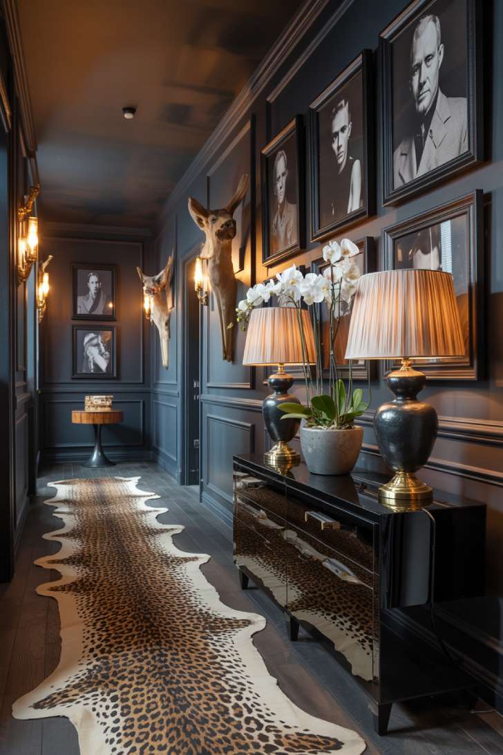 Dark maximalist hallway with matte black walls, leopard print runner, and brass wall sconces