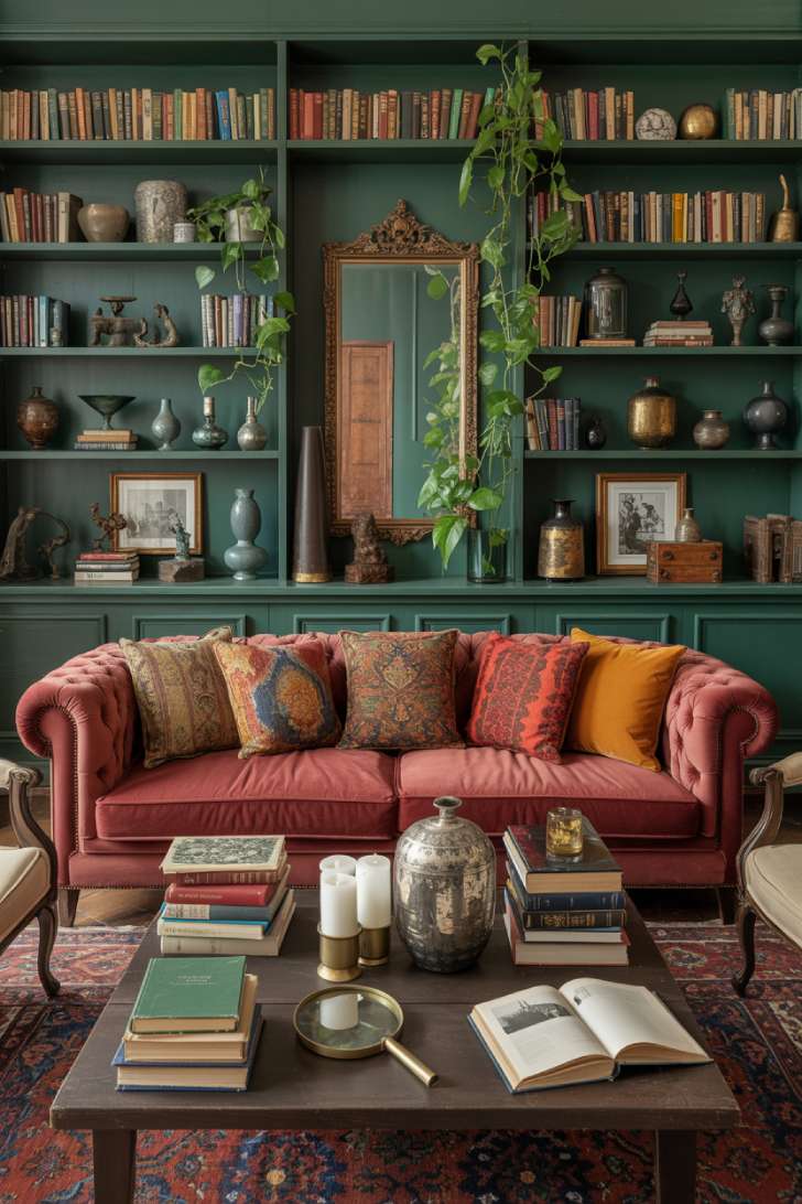 13 Bold Maximalist Home Decor Ideas for Vibrant Spaces 1 A jewel-toned maximalist living room with floor-to-ceiling green bookshelves, an oxblood velvet Chesterfield sofa, layered throw pillows, and a Persian rug