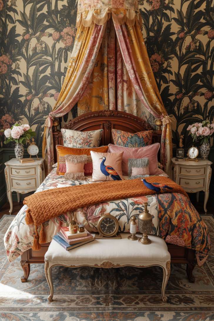 13 Bold Maximalist Home Decor Ideas for Vibrant Spaces 2 A maximalist bedroom with a mahogany four-poster canopy bed, jewel-toned layered bedding, tropical wallpaper, and a crystal chandelier