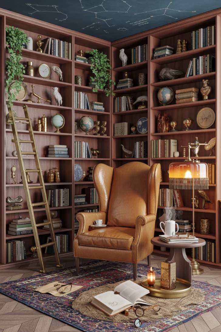 13 Bold Maximalist Home Decor Ideas for Vibrant Spaces 4 A maximalist home library with dark walnut built-in shelves, a cognac leather wingback chair, layered Persian rugs, and a navy ceiling painted with gold constellations