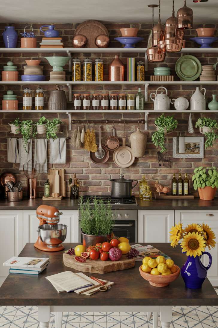 13 Bold Maximalist Home Decor Ideas for Vibrant Spaces 5 A maximalist kitchen with open shelving on exposed brick, colorful vintage ceramics, heirloom produce on dark marble countertops, copper pots, and patterned cement floor tiles