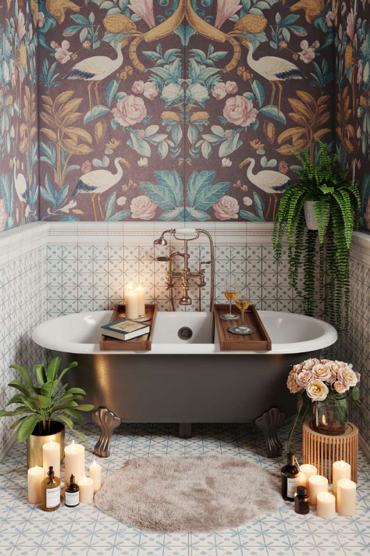 13 Bold Maximalist Home Decor Ideas for Vibrant Spaces 6 A maximalist bathroom with Portuguese azulejo tiles, jewel-toned wallpaper, a black clawfoot bathtub surrounded by candles, tropical plants, and crystal chandelier