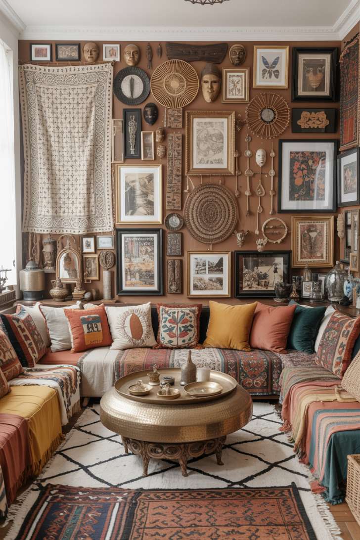 13 Bold Maximalist Home Decor Ideas for Vibrant Spaces 7 A maximalist eclectic living room with a Moroccan wedding blanket tapestry, global textiles on a low indigo sectional, layered kilim rugs, and a brass tray coffee table