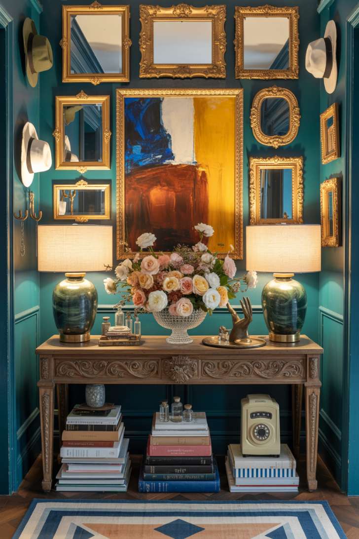 13 Bold Maximalist Home Decor Ideas for Vibrant Spaces 8 A maximalist entryway with deep teal lacquer walls, overlapping gilded mirrors, a carved dark wood console table, crystal chandelier, and framed gallery wall with abstract painting