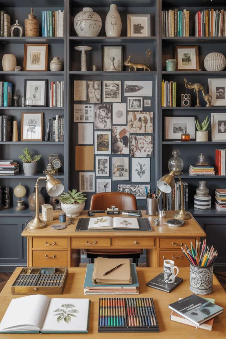 13 Bold Maximalist Home Decor Ideas for Vibrant Spaces 9 A maximalist home office with matte black floor-to-ceiling shelving, a vintage roll-top desk covered in sketchbooks and art supplies, layered rugs, and inspiration-covered walls