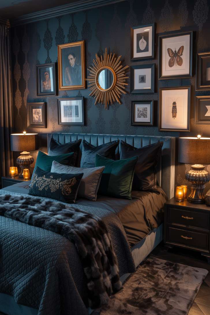 13 Bold Maximalist Home Decor Ideas for Vibrant Spaces 11 A dark maximalist bedroom with sapphire velvet headboard, charcoal damask wallpaper, layered dark jewel-toned bedding, gothic candelabras, and floor-to-ceiling burgundy velvet curtains