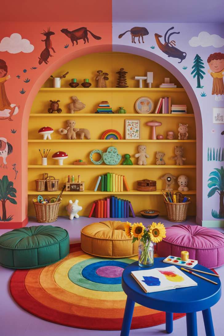 13 Bold Maximalist Home Decor Ideas for Vibrant Spaces 12 A joyful maximalist children's playroom with a rainbow gradient wall, sunshine yellow bookshelves, jewel-toned floor cushions, a built-in reading nook, and hanging paper lanterns