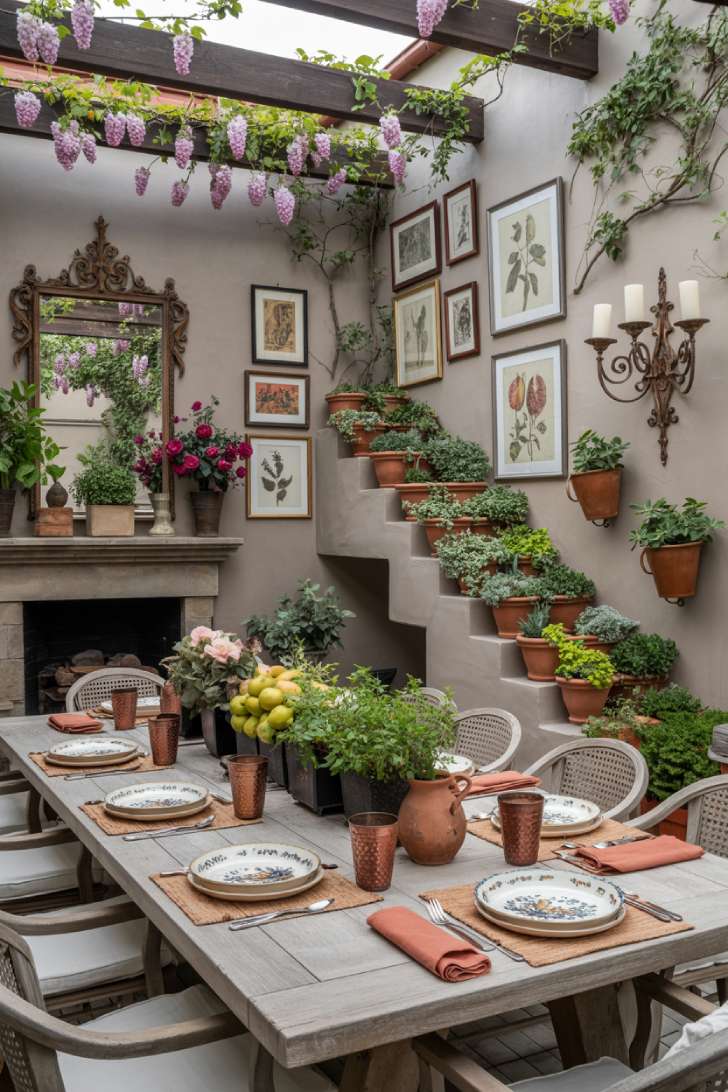 13 Bold Maximalist Home Decor Ideas for Vibrant Spaces 13 A maximalist outdoor terrace with climbing wisteria and roses, a farmhouse teak table set with mismatched Portuguese ceramics, Edison bulb lights, and overflowing terracotta planters