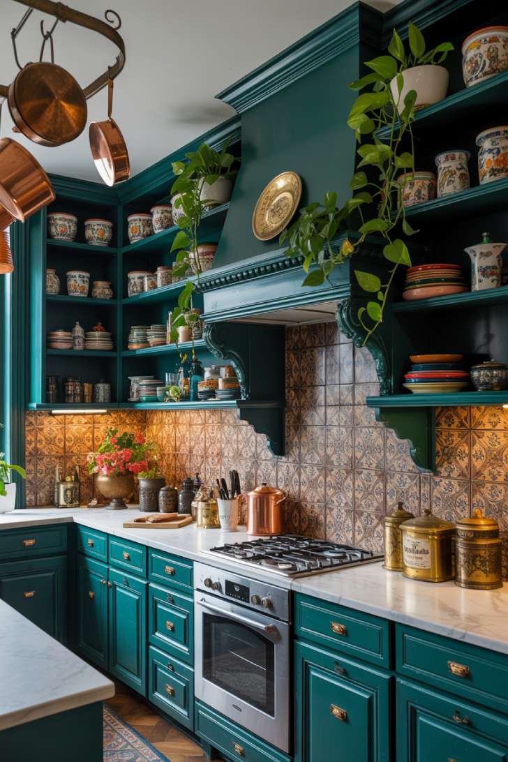 Emerald green maximalist kitchen with gold hardware, copper pots, and jewel-tone backsplash tiles