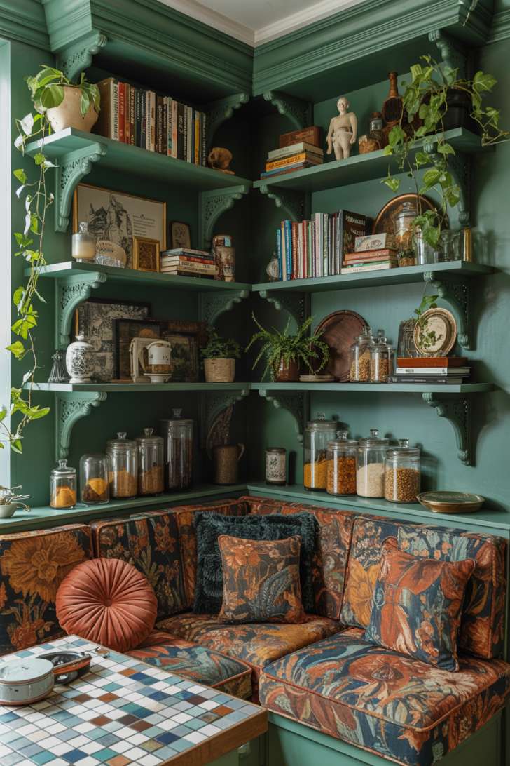 Forest green maximalist kitchen nook with built-in banquette, botanical print upholstery, and layered jewel-tone cushions