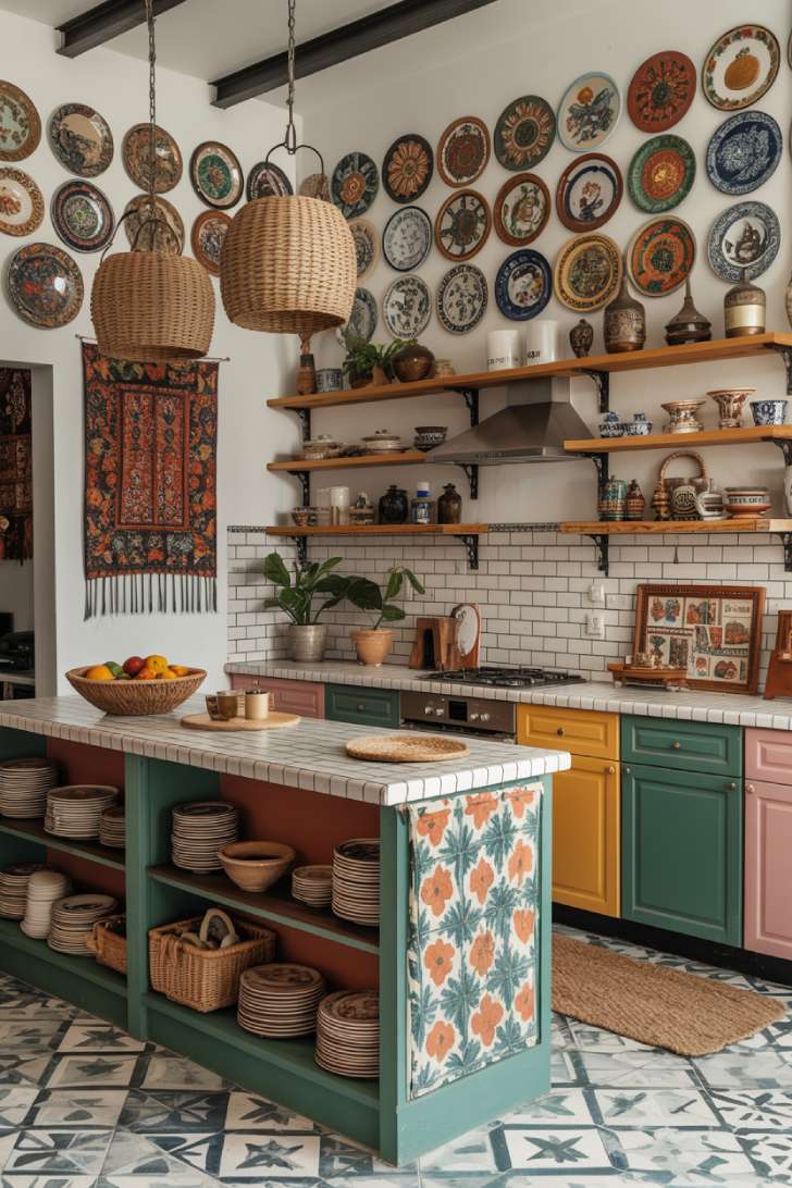 Globally inspired maximalist kitchen with decorative plates, ikat tile floor, woven basket pendants, and world ceramics on open shelving